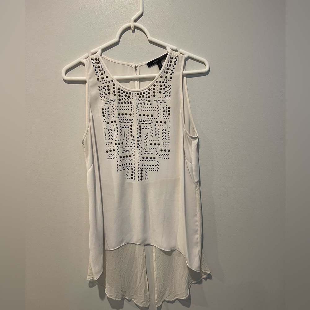 BCBG Silk Sheer Beaded Front High Low Sleeveless Top